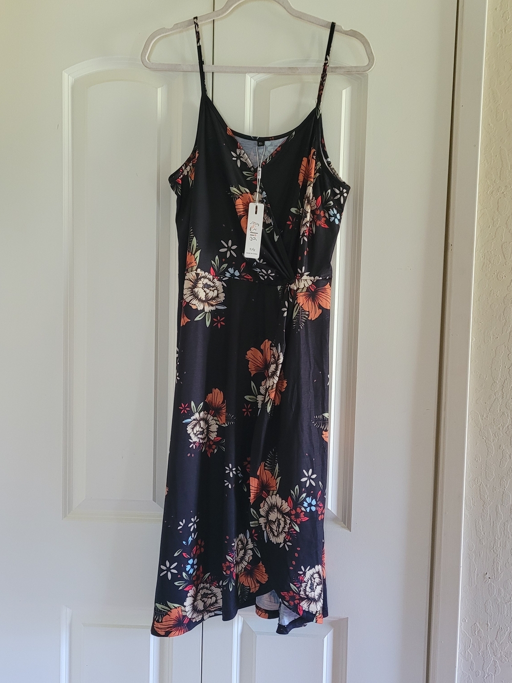 NWT Black Floral Spaghetti-Strap Midi Dress with Orange Accents